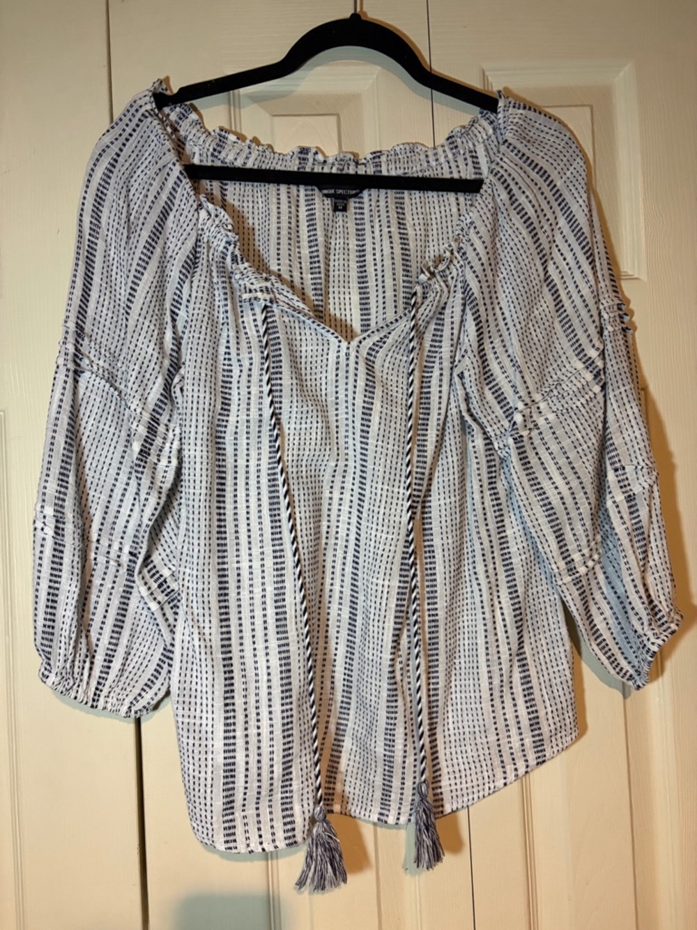 Unique Spectrum Navy & White Striped Tassel Peasant Blouse